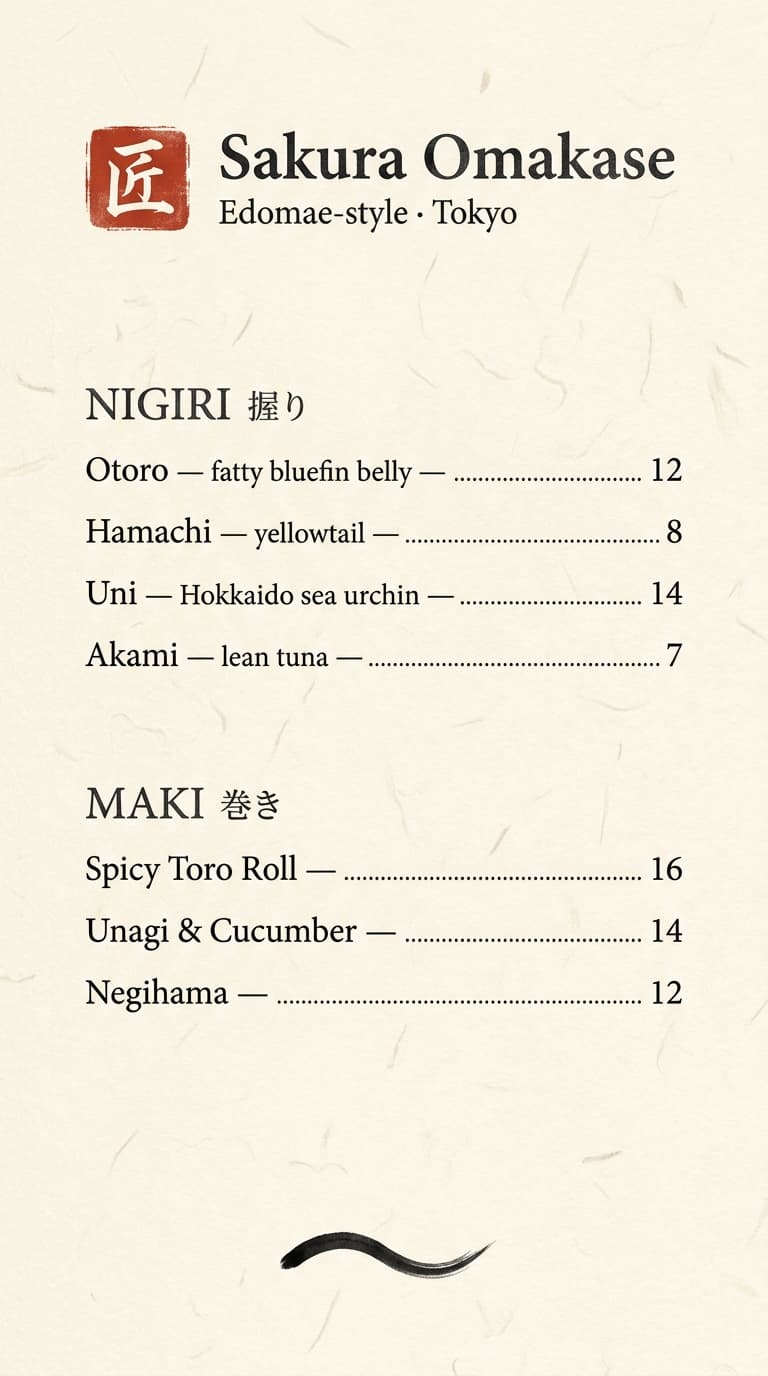 Fine Dining menu design example
