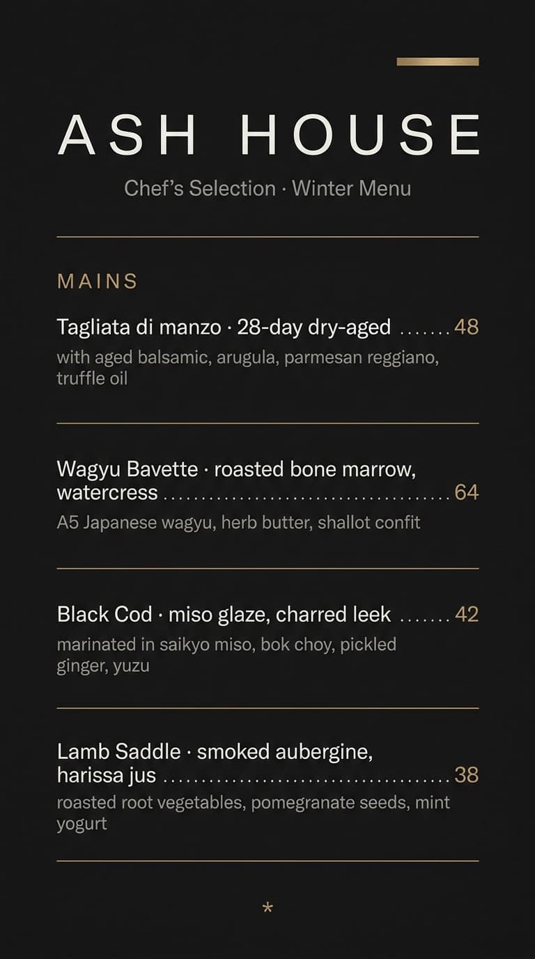 Modern dark steakhouse menu design example