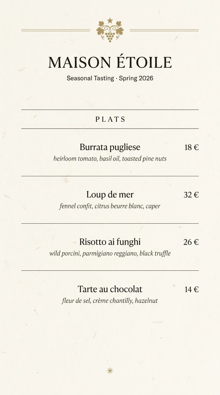 Elegant minimalist restaurant menu design example